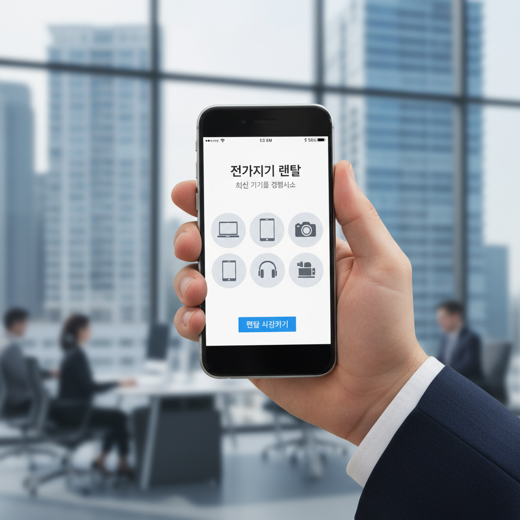 전문적인 비즈니스맨의 손에 들린 최신 스마트폰, 전자기기 렌탈 전용 모바일 앱 화면이 띄워진 상태, 배경은 아웃포커싱된 도심 오피스 전경