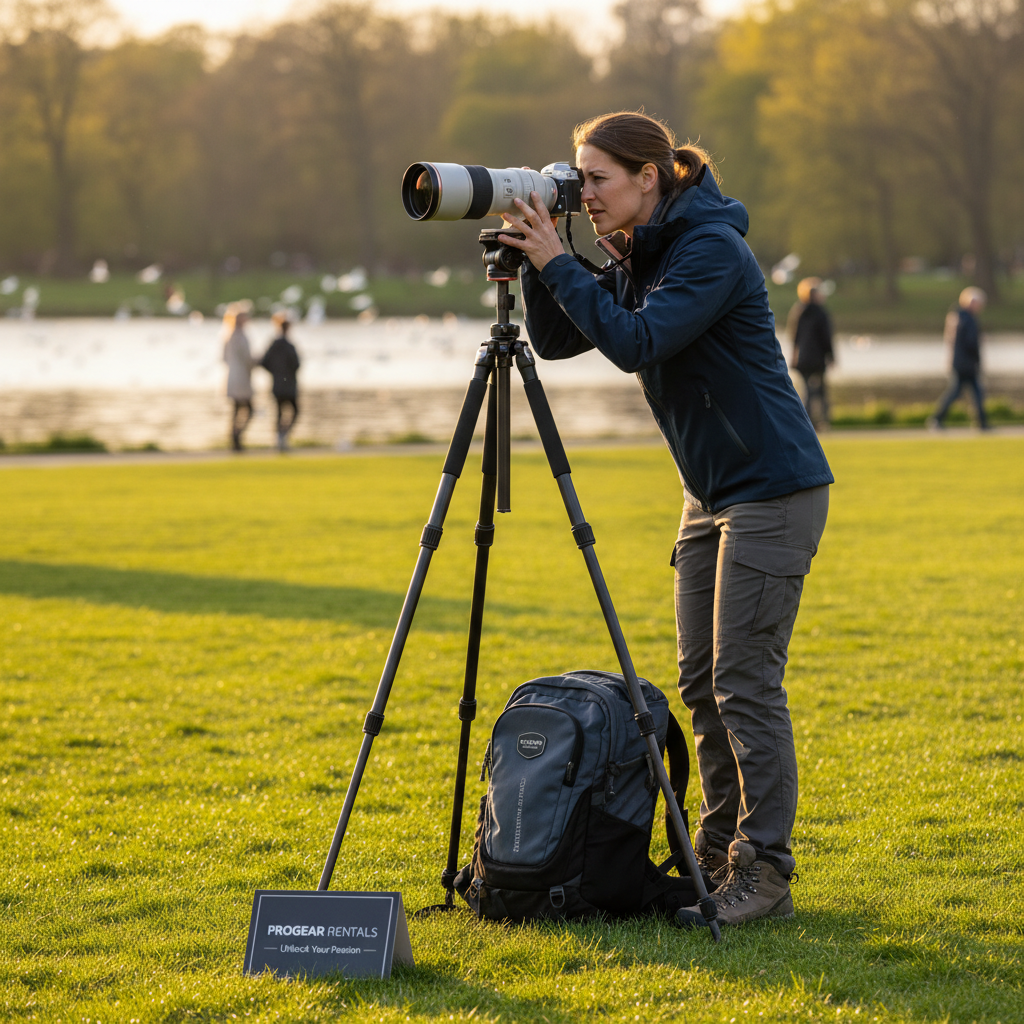 공원에서 고가의 미러리스 카메라와 망원 렌즈를 사용하여 사진을 촬영하는 인물, 취미 생활을 위한 고성능 장비 렌탈 컨셉의 선명한 야외 촬영 사진