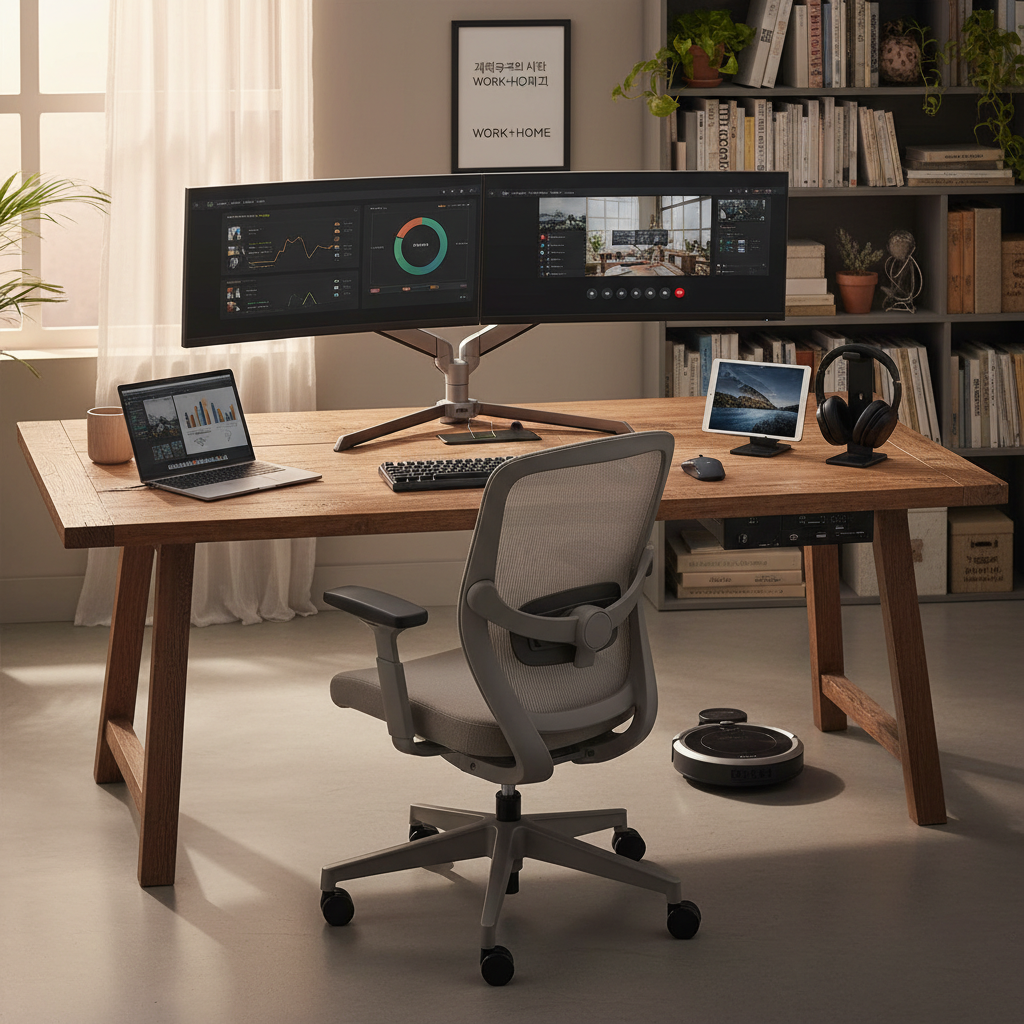 인체공학적 의자와 듀얼 모니터가 설치된 완벽한 홈 오피스 환경, 재택근무용 전자기기 패키지 렌탈을 연상시키는 정돈된 작업 공간
