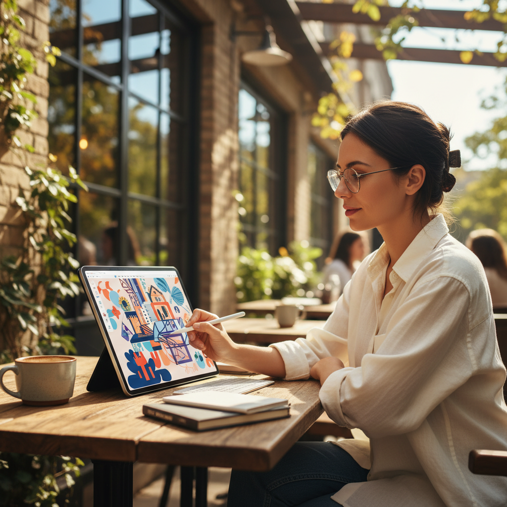 카페 테라스에서 태블릿 PC와 스타일러스 펜을 이용해 전문적인 그래픽 작업을 하는 크리에이터, 자연스러운 일상 속 IT 기기 활용 모습