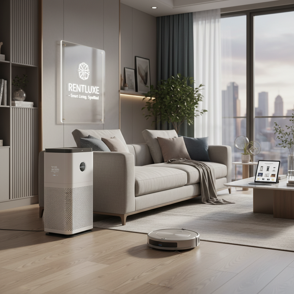 세련된 아파트 거실에 배치된 최신형 공기청정기와 로봇 청소기, 생활 가전 렌탈 서비스를 상징하는 깨끗하고 모던한 주거 공간 이미지