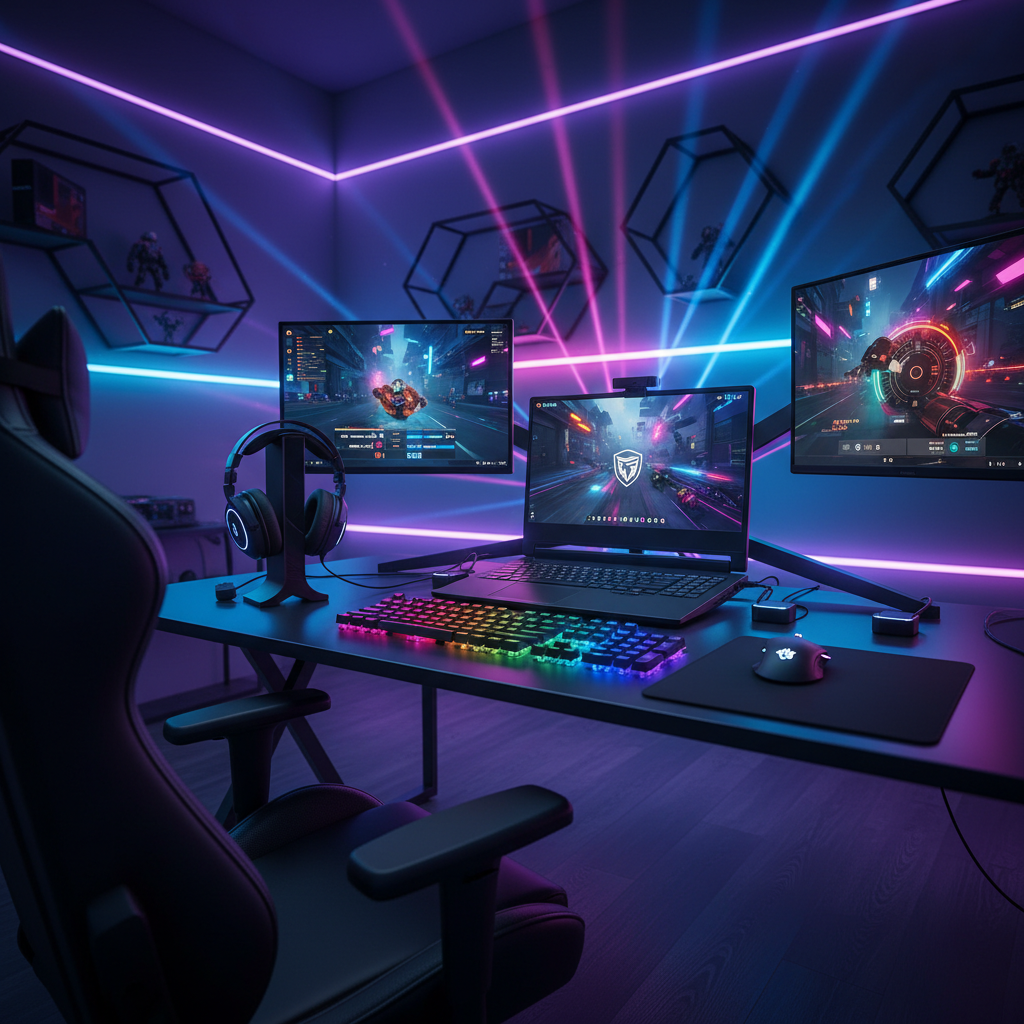 고사양 게이밍 노트북과 화려한 RGB 조명의 기계식 키보드, 게이밍 헤드셋이 세팅된 전문 게이머의 방, 테크니컬하고 역동적인 조명 연출